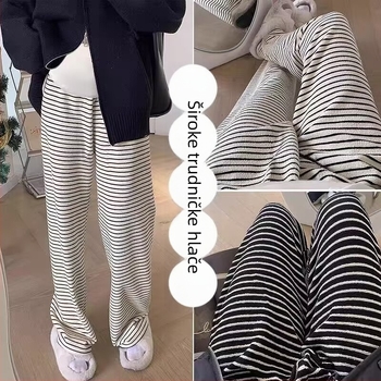 Hlače za trudnice – prugaste, širokih nogavica, jesensko-zimske, vuneni miks, mikro-elastične