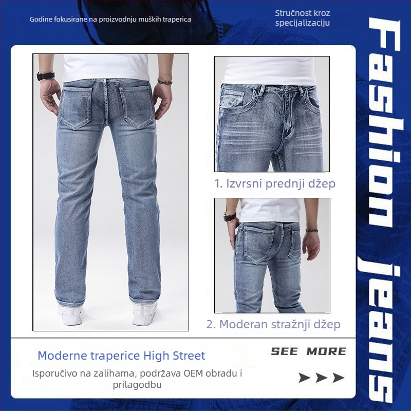 Muške traperice denim s srednjim porastom, pamuk-elastan, ravni kroj, svestrane