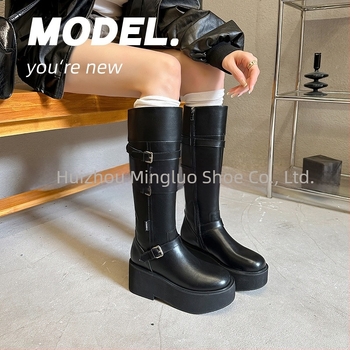 Ženske viteške čizme, korejske verzije, visok shaft, okrugli vrh, debeli pet 6–8 cm, bočni zip, PU gornji materijal, pjena potplata, jednobojne
