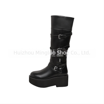 Ženske viteške čizme, korejske verzije, visok shaft, okrugli vrh, debeli pet 6–8 cm, bočni zip, PU gornji materijal, pjena potplata, jednobojne