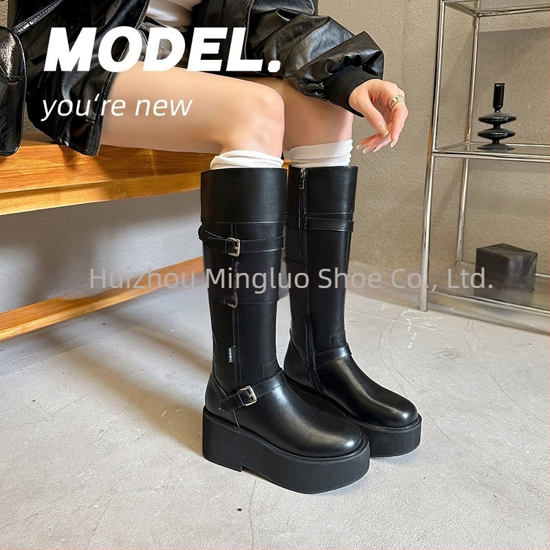 Ženske viteške čizme, korejske verzije, visok shaft, okrugli vrh, debeli pet 6–8 cm, bočni zip, PU gornji materijal, pjena potplata, jednobojne