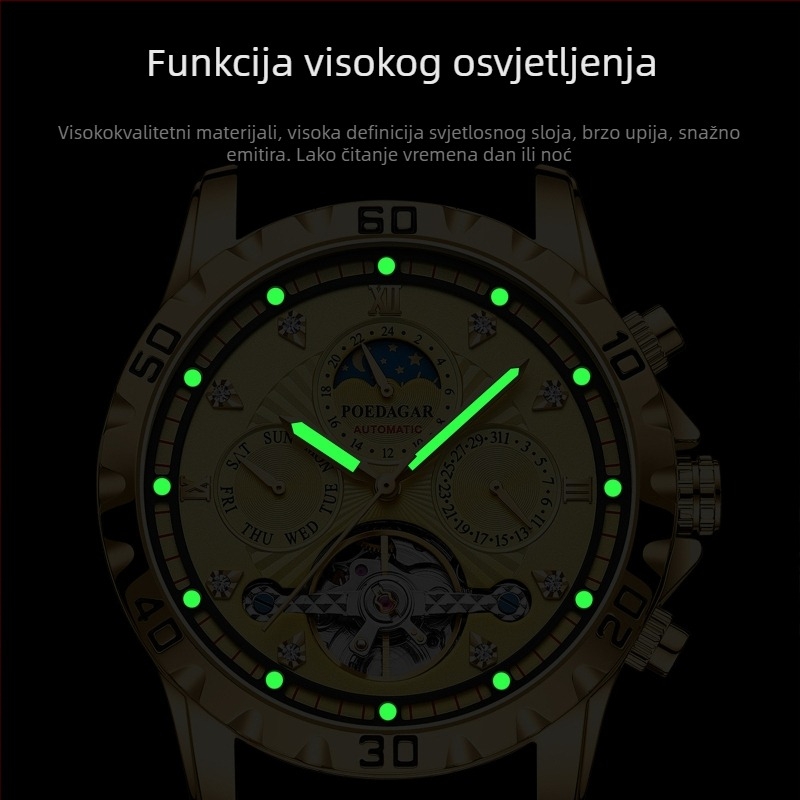 Mehanički muški sat, vodootporan do 50 m, 42 mm brojčanik, kućište i nehrđajući čelik, tourbillon i faze mjeseca
