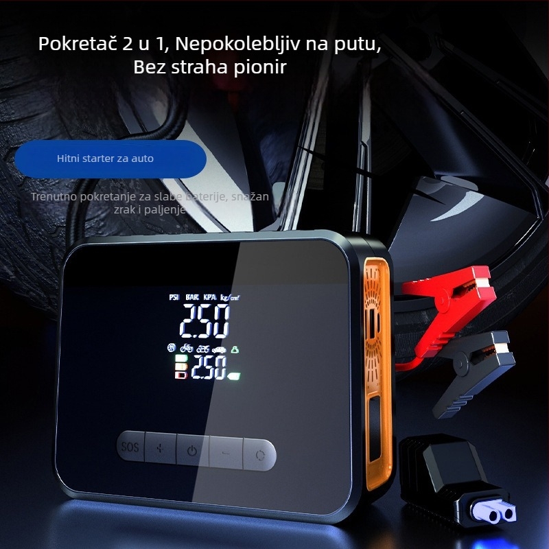 Automobilski starter s kompresorom zraka i LED svjetlom, sve-u-jednom, prenosna baterija