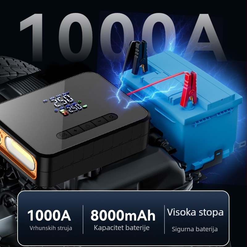Automobilski starter s kompresorom zraka i LED svjetlom, sve-u-jednom, prenosna baterija