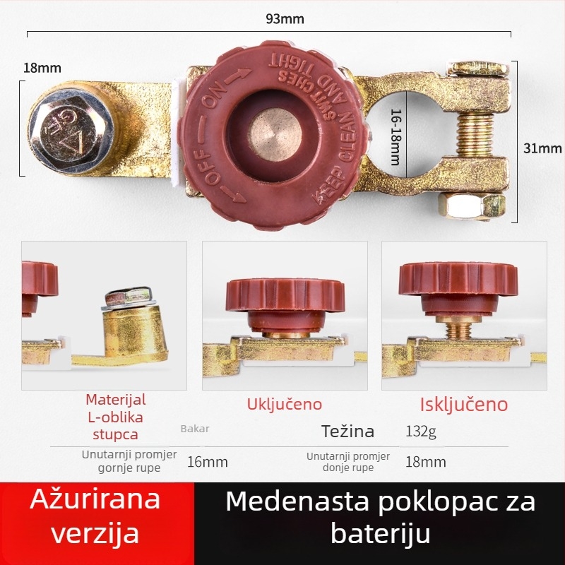 Univerzalni prekidač za isključivanje baterije kamiona s čistim bakrenim terminalima, klipovima za terminale i debelim glavnim spojnim kabelom