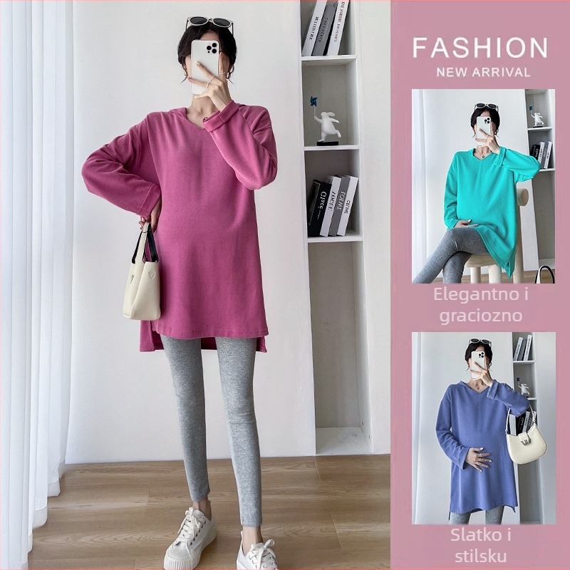 Trudnički hoodie s kapuljom, srednje duljine, prugasti uzorak, polo ovratnik, 95% pamuk