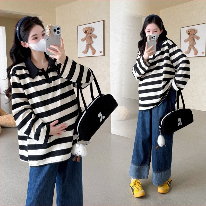 Trudnički top s dugim rukavima i reverom ovratnikom, prugasti uzorak, pamukasto tkivo, jesen 2025, kineski inspiriran retro stil