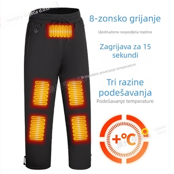 Muške električno zagrijavajuće hlače s tri razine i osam zona grijanja, visoki struk, ravni kroj, vanjski materijal od poliesterskih vlakana s podstavom za zimu
