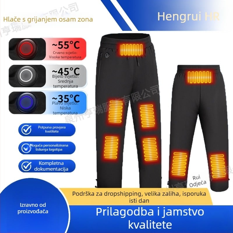 Muške električno zagrijavajuće hlače s tri razine i osam zona grijanja, visoki struk, ravni kroj, vanjski materijal od poliesterskih vlakana s podstavom za zimu