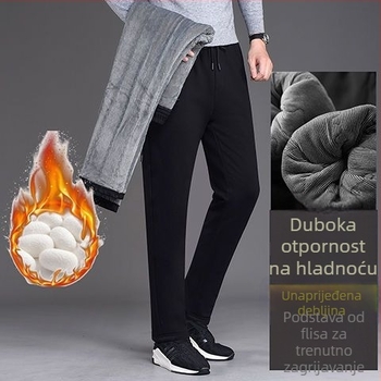 Muške zimske hlače od svile-pamuka s fleec podstavom, visok pas, ravni kroj, četiri sloja topline