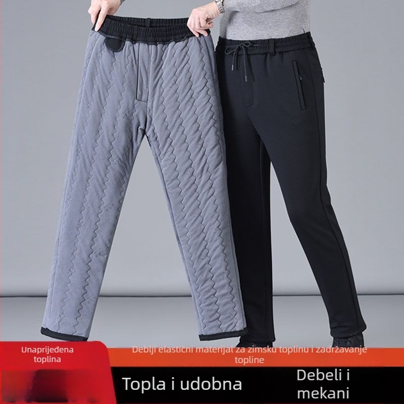 Muške zimske hlače od svile-pamuka s fleec podstavom, visok pas, ravni kroj, četiri sloja topline
