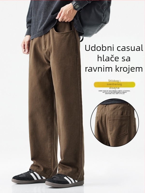Muške casual hlače, opuštenog kroja sa širokom siluetom, srednji porast, zip zatvarač, 100% pamuk