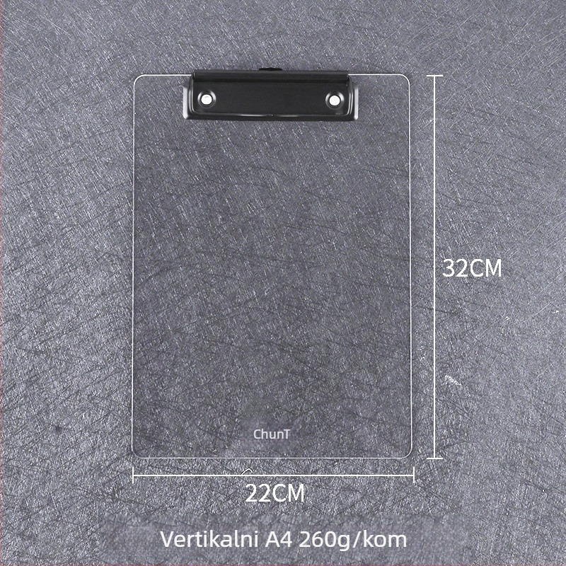 Akrilni dokumentni klip ploča s jednim snažnim klipom, veličine hvata A4/B5/A5/B6/A7/A6, debljina ploče 3 mm