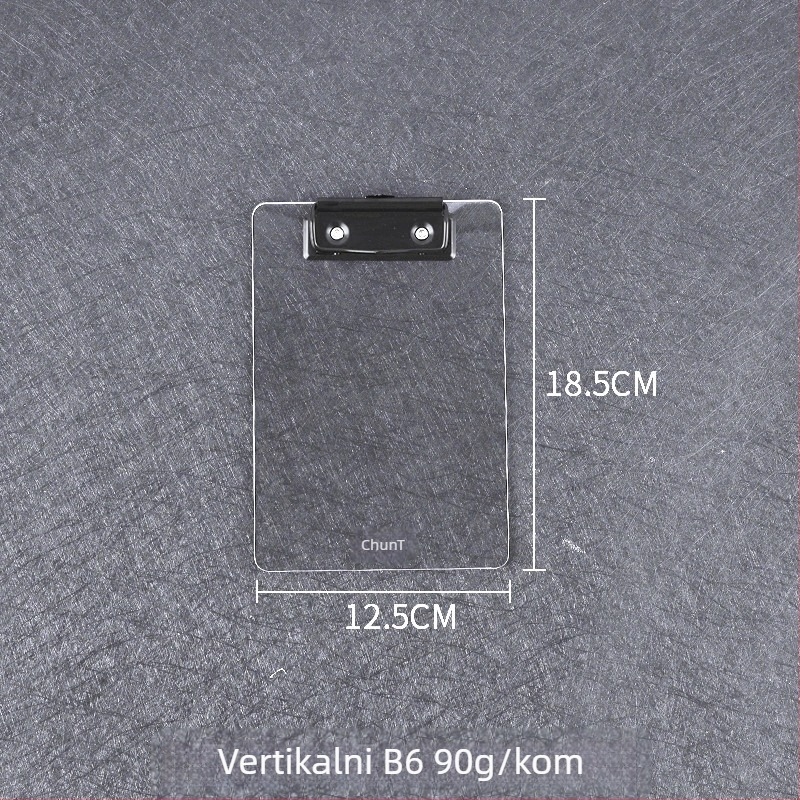 Akrilni dokumentni klip ploča s jednim snažnim klipom, veličine hvata A4/B5/A5/B6/A7/A6, debljina ploče 3 mm