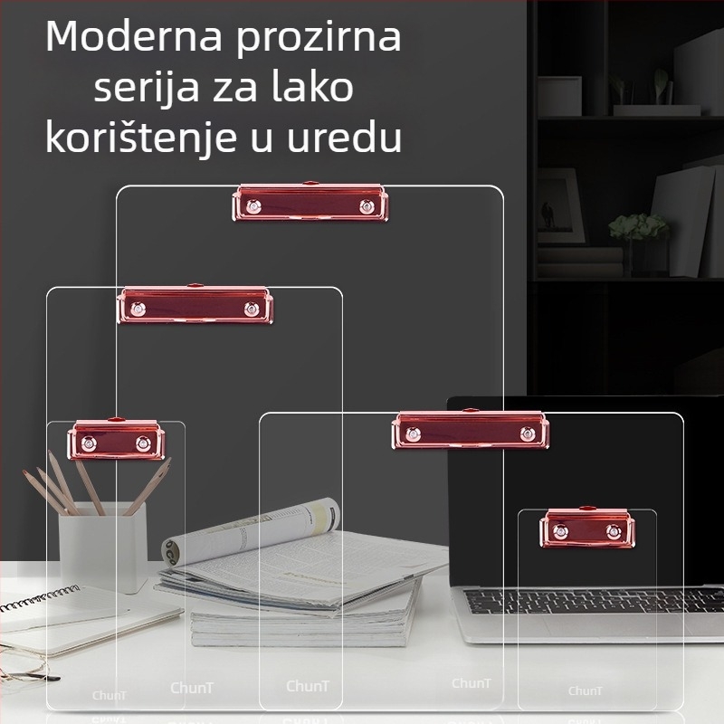 Akrilni dokumentni klip ploča s jednim snažnim klipom, veličine hvata A4/B5/A5/B6/A7/A6, debljina ploče 3 mm