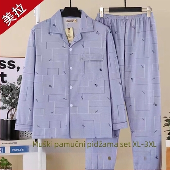 Muški set pidžama od pamuka s V-izrezom kardigana; dugi rukavi i hlače; tanak materijal 181–200 g/m2; za muškarce srednje dobi