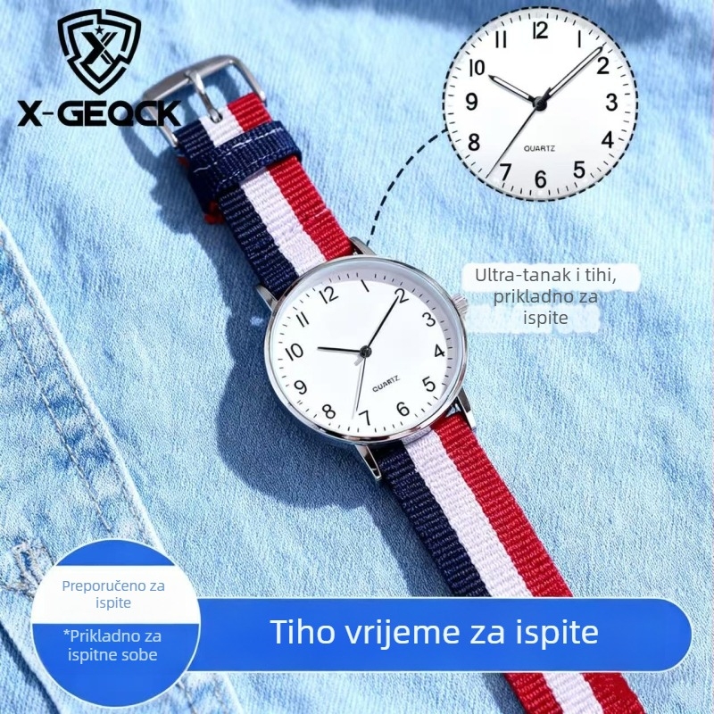 Sat za ispite za djevojke, kvarcni mehanizam, analogni prikaz, tekstilni remen, kućište od legure, vodootpornost 10 m