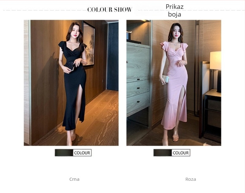 Ling Qi Er uska haljina s visokim strukom i naramenicama, jednostavna poliester tkanina, kratka suknja, šivanje collage