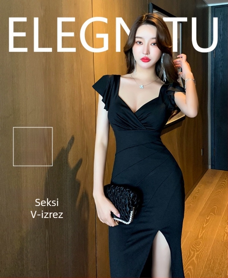 Ling Qi Er uska haljina s visokim strukom i naramenicama, jednostavna poliester tkanina, kratka suknja, šivanje collage