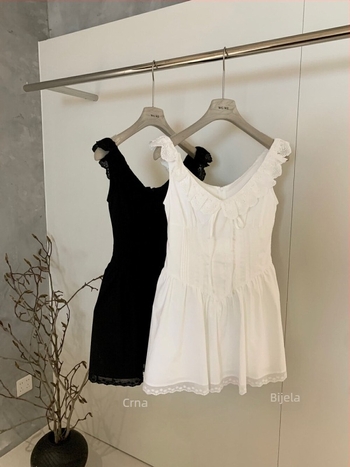 Čipkasta haljina s visokim strukom, bez rukava, A-linijskog kroja, V izrez, ljetna kolekcija 2025, jednobojni uzorak