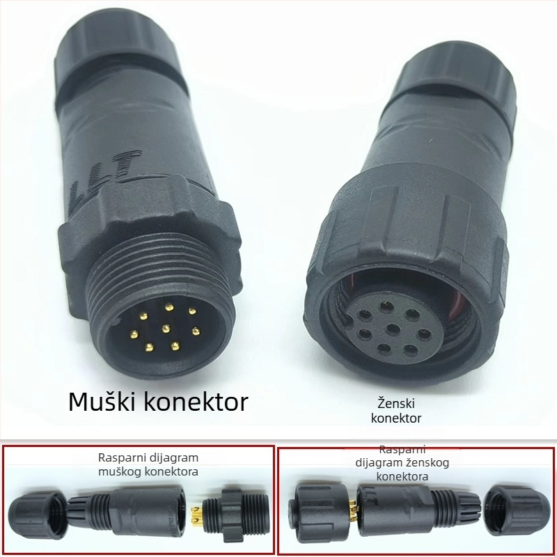 M14 vodootporan avijacijski priključak — utikač i utičnica, 2–8 pinova, 220V, AC/DC sučelje, bakreni kontakti