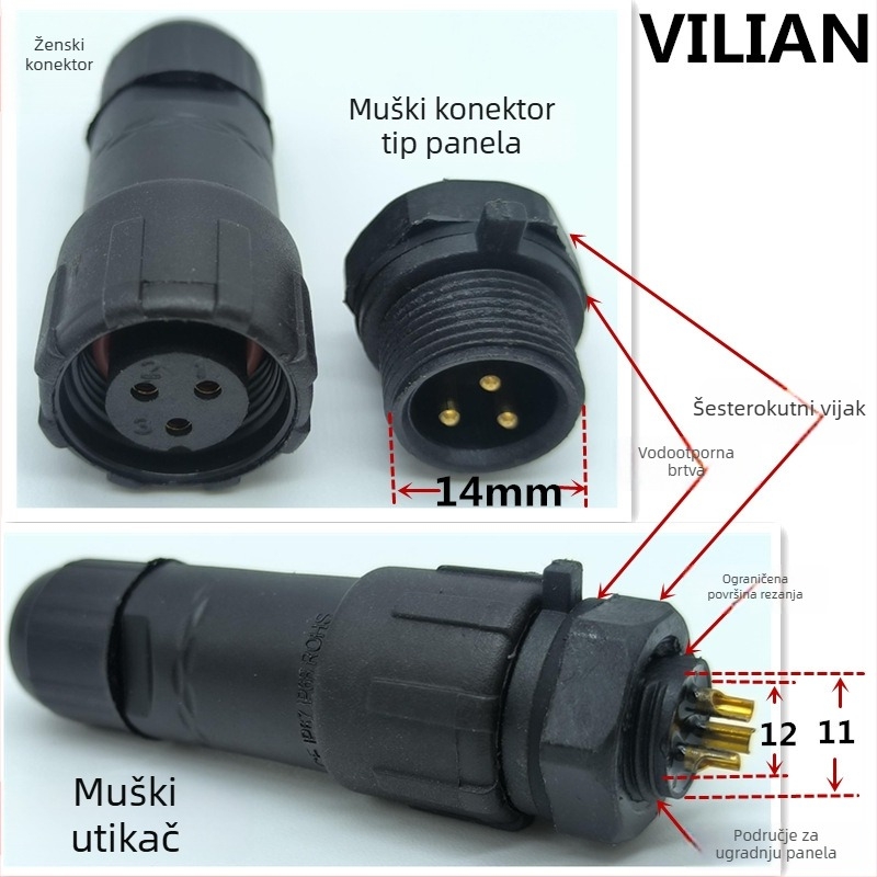 M14 vodootporan avijacijski priključak — utikač i utičnica, 2–8 pinova, 220V, AC/DC sučelje, bakreni kontakti