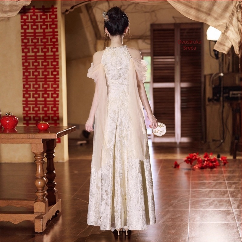 Vjenčana haljina za zaruke s halterom, A-linijskog kroja, visokim strukom, bez rukava, duga suknja