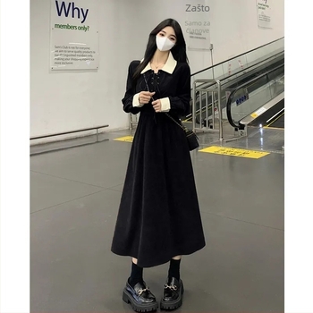 Plus-size ženska haljina: elegantna retro color-block crna haljina sa uskim strukom, pogodna za jesen-zimu.