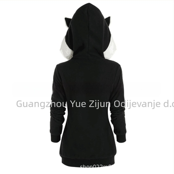 Ženski plišani hoodie s kapuljom i ušima mačke, kontrastni šavovi, poliester, dugi rukavi, srednja duljina, zatvarač