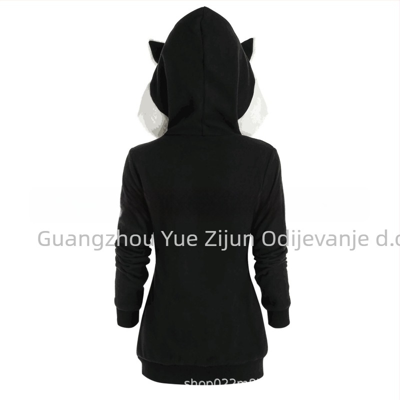 Ženski plišani hoodie s kapuljom i ušima mačke, kontrastni šavovi, poliester, dugi rukavi, srednja duljina, zatvarač