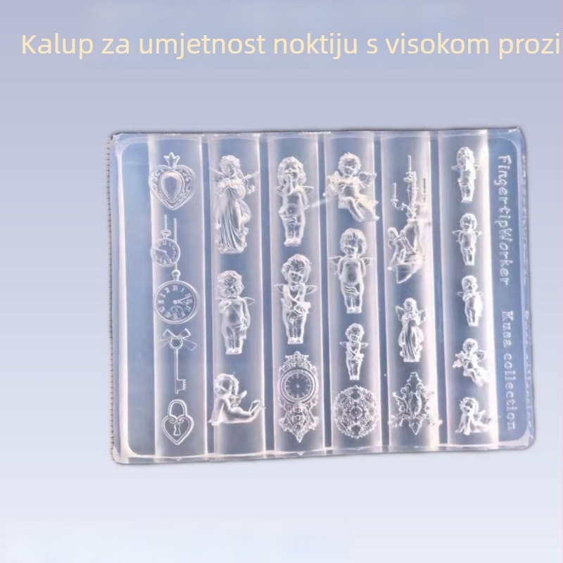 3D šablona za nokte s motivima: Anđelić, džepni sat i ključ ljubavi; materijal: smola; reljefni uzorak; pogodno za opću uporabu