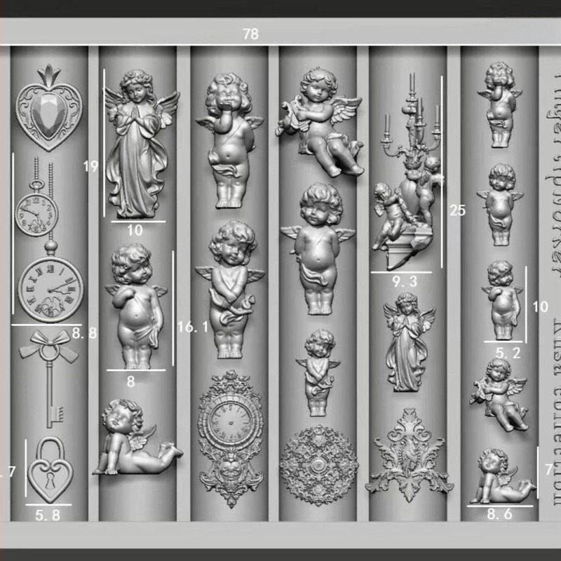 3D šablona za nokte s motivima: Anđelić, džepni sat i ključ ljubavi; materijal: smola; reljefni uzorak; pogodno za opću uporabu