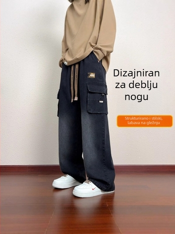 Muške hlače cargo s ravnim krojem, s više džepova, pamuk mešavina, srednji pojas, proljeće-jesen