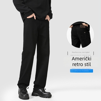 Jesenje crne muške traperice, visok pojas, elastični denim, ravni kroj, opuštena silueta, plus veličina, američki stil