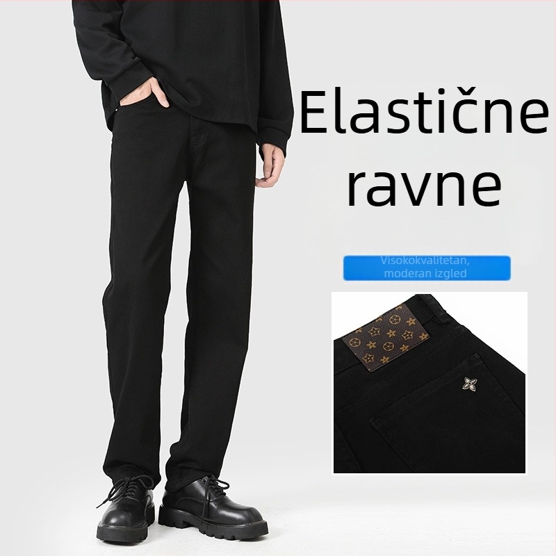 Jesenje crne muške traperice, visok pojas, elastični denim, ravni kroj, opuštena silueta, plus veličina, američki stil