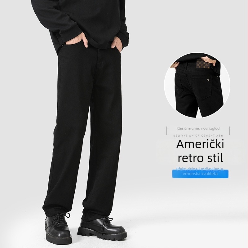 Jesenje crne muške traperice, visok pojas, elastični denim, ravni kroj, opuštena silueta, plus veličina, američki stil