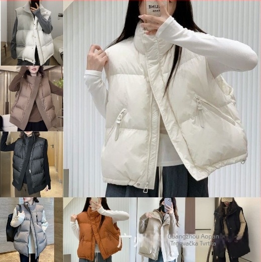Ženski puffer prsluk, opuštenog kroja, zatvarač, punilo od bijelog patka, vanjski materijal pamuk-poliester, duljina 50–65 cm, izrez ramena