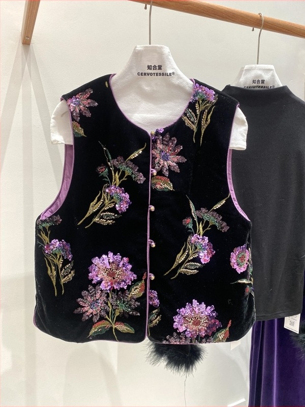 Gilet od šljokica baršuna za žene, okrugli izrez, debela punila od poliestera i pamuka, uzorak biljaka i cvijeća, zima 2025