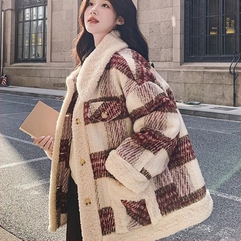 Trudničko vanjsko odijelo za jesen-zimu, sintetičko vlakno, karirani uzorak, ovratnik u stilu doll, rukavi 3/4, književno retro stil