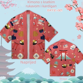 Unisex Hanfu kimono kardigan kratkih rukava za ljeto, otisak s slovima, poliester tkanina, poliester podstava