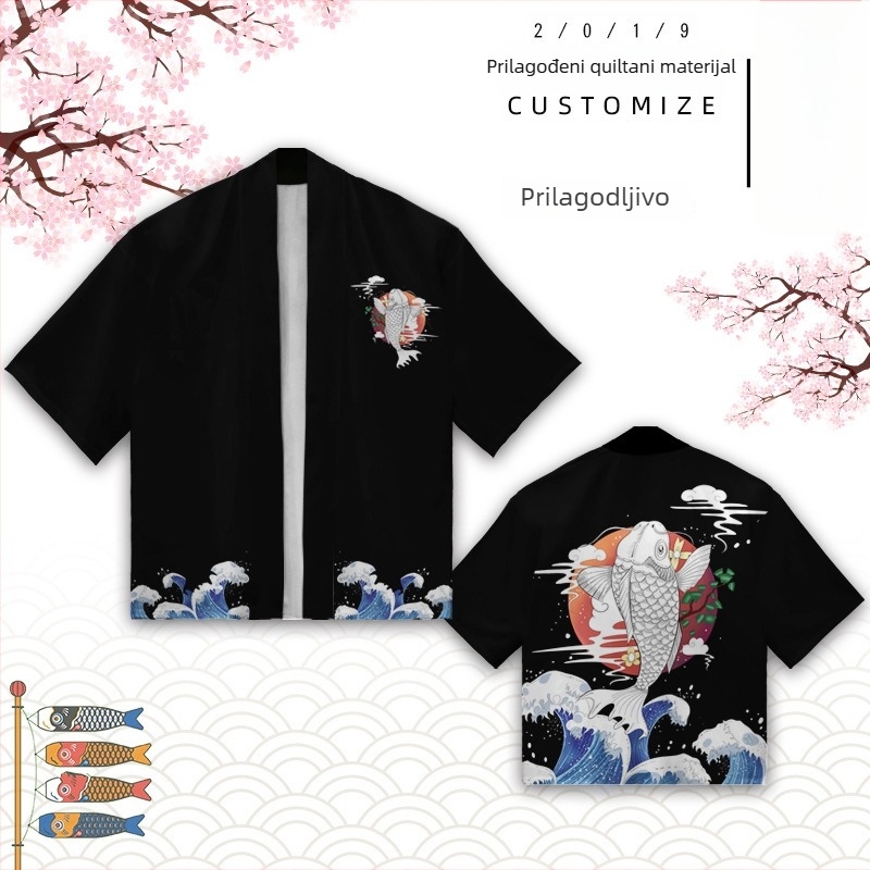 Unisex Hanfu kimono kardigan kratkih rukava za ljeto, otisak s slovima, poliester tkanina, poliester podstava