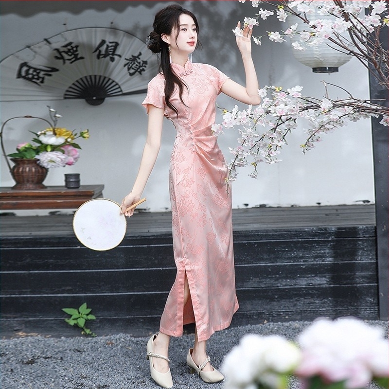 Haljina u kineskom stilu s cvjetnim uzorkom - poboljšan dizajn, za žene, proljeće–ljeto, tkanina od pamukovih vlakana, glavni materijal: koža koze, univerzalni model