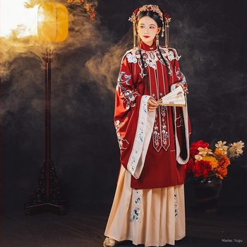 Hanfu ženski vjenčani komplet, Ming dinastija stil, mrežasta tkanina, tehnika tiska, jesen 2024