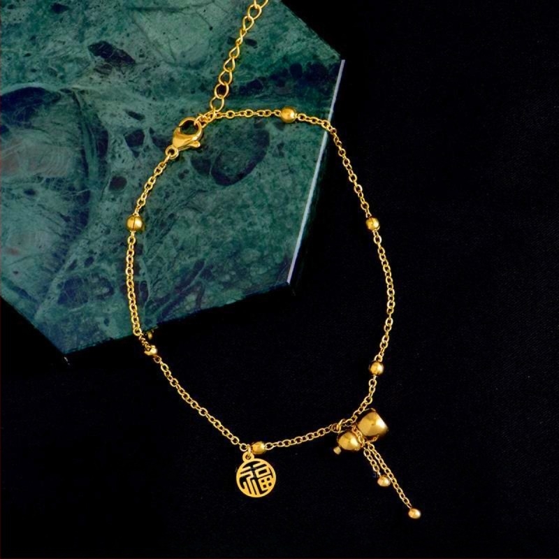 Anklet od alluvial zlata s motivom gourda i znakom sreće – lagani luksuzni stil, individualno pakiranje