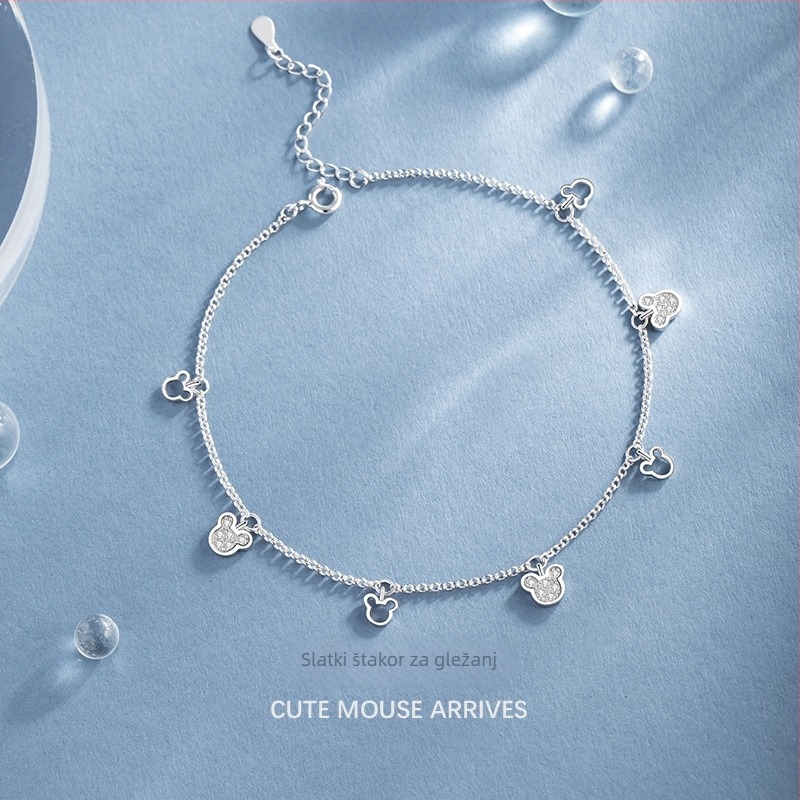 Lee & co anklet od srebra 925 za žene – lagani luksuzni stil, motiv miša/zodijak s ukrasnim kamenčićima