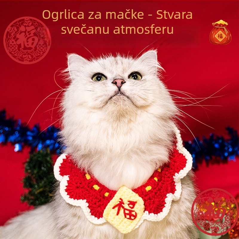 Božićni pleteni šal za kućne ljubimce - šareni blok uzorak, vuneni materijal, za mačke i pse, zima, sladak stil