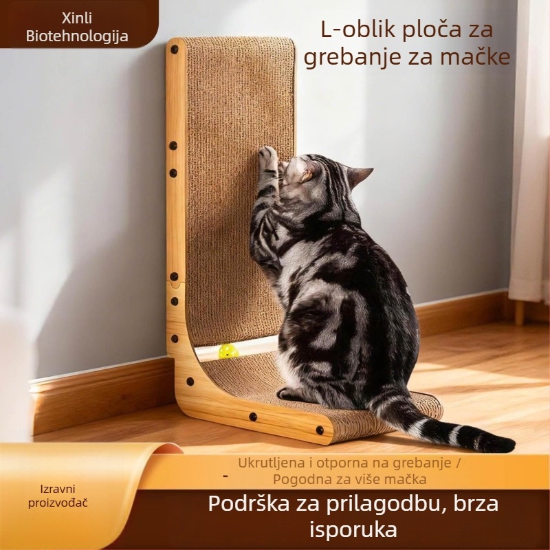 Drveni L-oblik škrabalo za mačke s ugrađenom kuglicom s catnipom, vertikalno pričvršćeno na zid, jednostavan stil