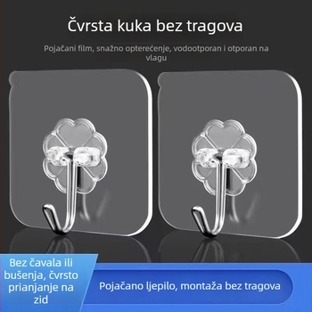 Ljepljiva kuka za zid, prozirna, bez bušenja, plastična, jedna kuka, 0–1 kg.