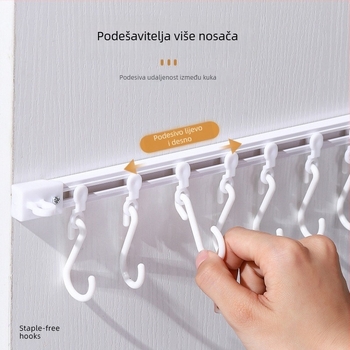 Kuhinjski zidni držač s kliznom tračnicom, bez bušenja, plastični, 3+ reda kuka, moderan minimalistički stil, nosivost 5 kg