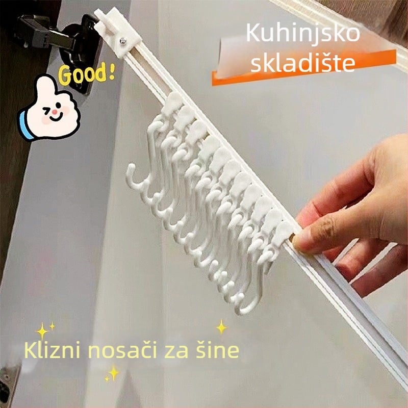 Kuhinjski zidni držač s kliznom tračnicom, bez bušenja, plastični, 3+ reda kuka, moderan minimalistički stil, nosivost 5 kg
